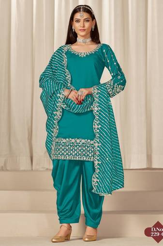 Turquoise roman silk semi stitched suit with embroidery & real mirror work