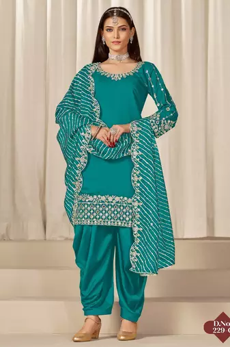 Turquoise roman silk semi stitched suit with embroidery & real mirror work