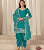 Turquoise roman silk semi stitched suit with embroidery & real mirror work