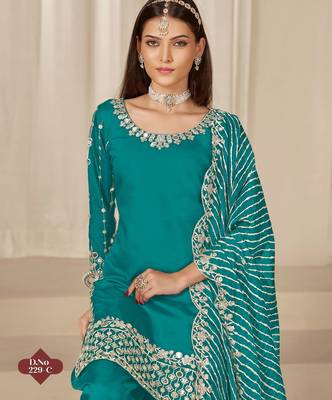 Turquoise roman silk suit with embroidered real mirror  2