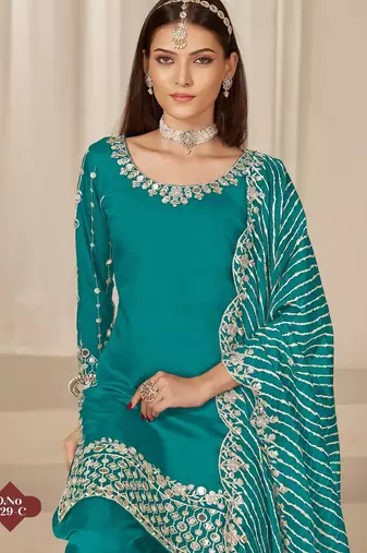 Turquoise roman silk suit with embroidered real mirror 