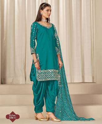 Turquoise roman silk suit with embroidered real mirror  3