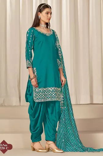 Turquoise roman silk suit with embroidered real mirror 