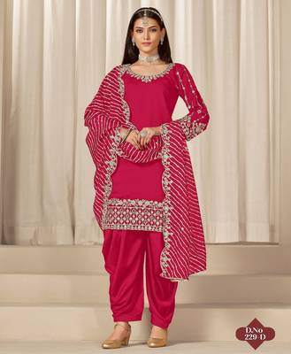 Red roman silk semi stitched suit with embroidery & real mirror work 1