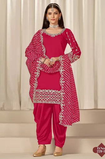 Red roman silk semi stitched suit with embroidery & real mirror work