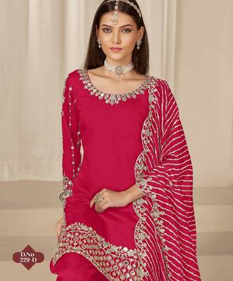 Red roman silk semi stitched suit with embroidery & real mirror work 2