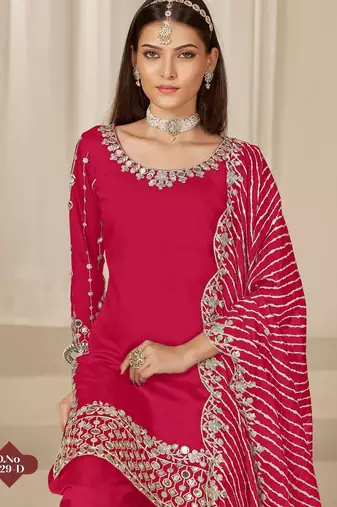 Red roman silk semi stitched suit with embroidery & real mirror work