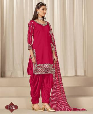 Red roman silk semi stitched suit with embroidery & real mirror work 3