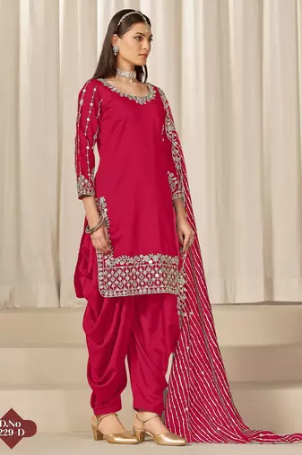 Red roman silk semi stitched suit with embroidery & real mirror work