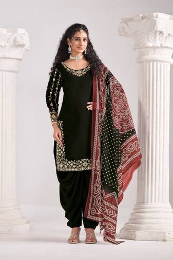 Black roman silk semi stitched suit with embroidery & real mirror work