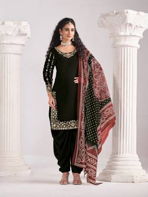 Black roman silk semi stitched suit with embroidery & real mirror work 1