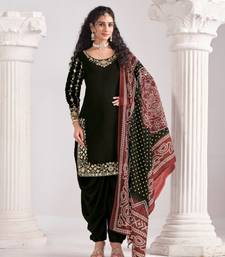 Black roman silk semi stitched suit with embroidery & real mirror work