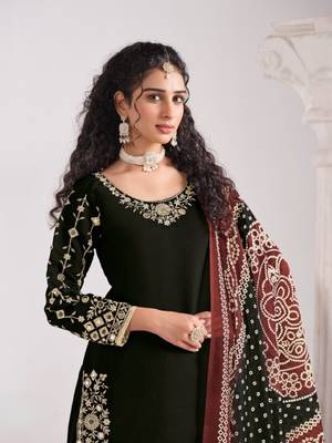 Black roman silk semi stitched suit with embroidery & real mirror work 2