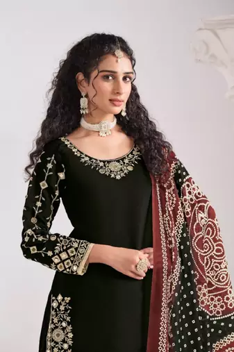 Black roman silk semi stitched suit with embroidery & real mirror work