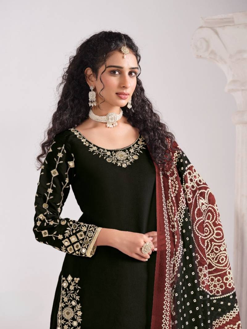 Black roman silk semi stitched suit with embroidery & real mirror work