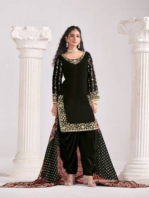 Black roman silk semi stitched suit with embroidery & real mirror work 3