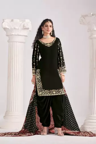 Black roman silk semi stitched suit with embroidery & real mirror work