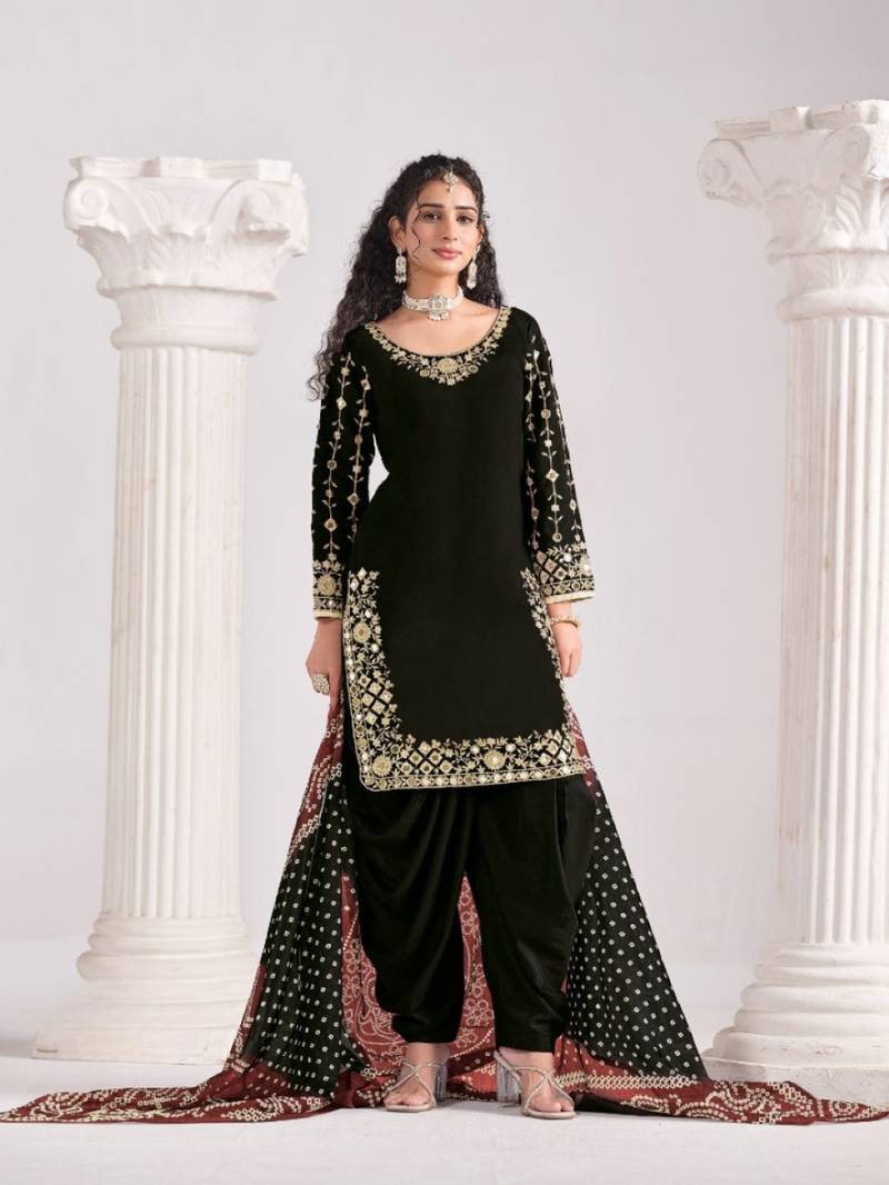 Black roman silk semi stitched suit with embroidery & real mirror work