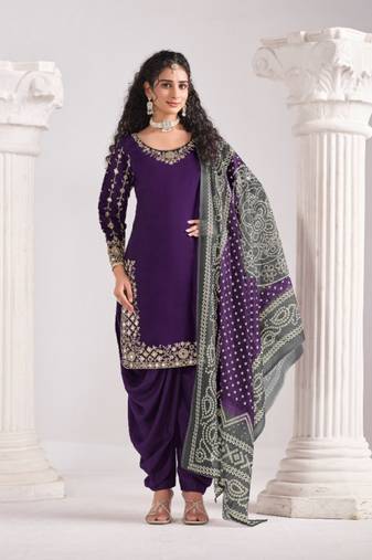 Purple roman silk semi stitched suit with embroidery & real mirror work