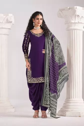 Purple roman silk semi stitched suit with embroidery & real mirror work