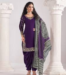 Purple roman silk suit with embroidered real mirror 
