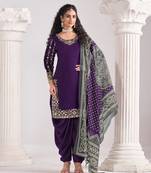 Purple roman silk semi stitched suit with embroidery & real mirror work