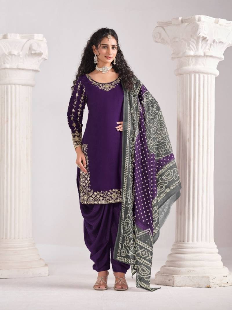 Purple roman silk semi stitched suit with embroidery & real mirror work