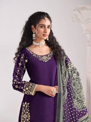 Purple roman silk suit with embroidered real mirror  2