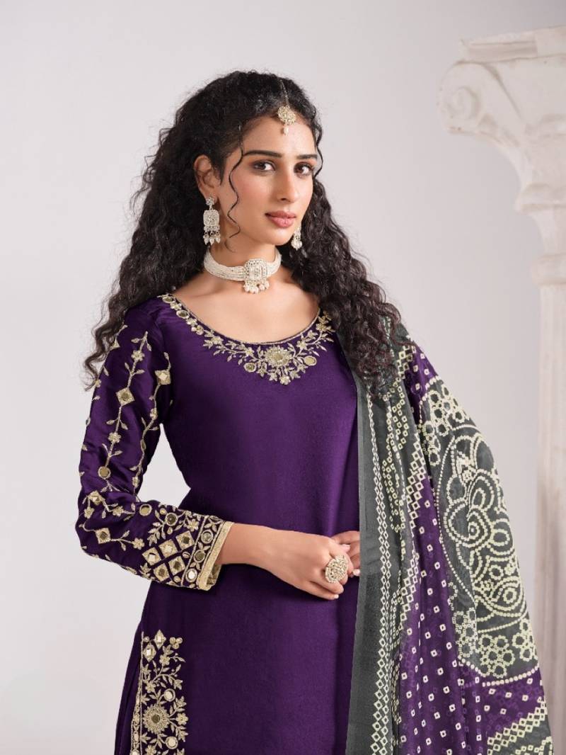 Purple roman silk semi stitched suit with embroidery & real mirror work