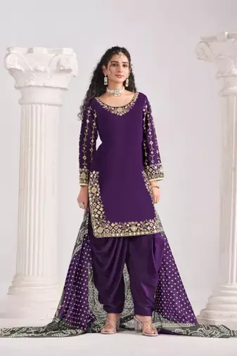 Purple roman silk suit with embroidered real mirror 