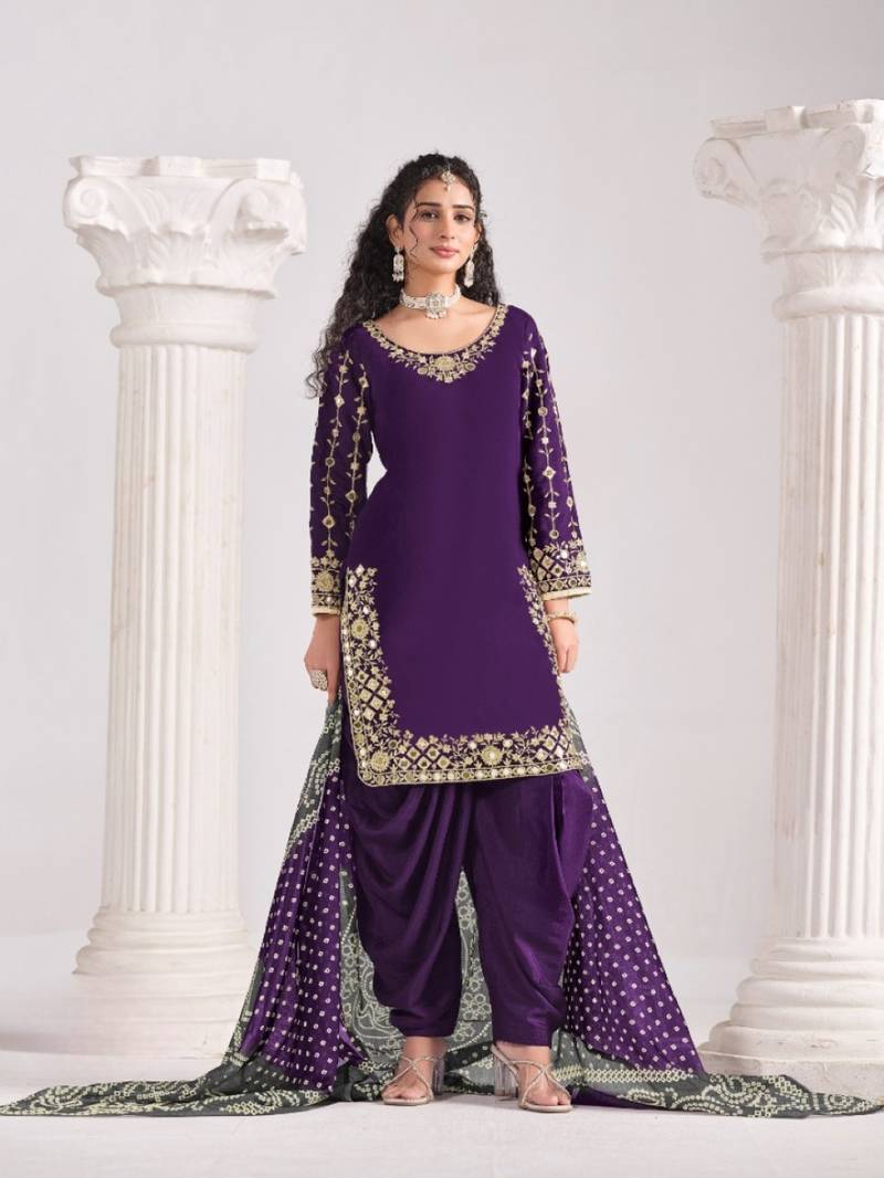 Purple roman silk semi stitched suit with embroidery & real mirror work