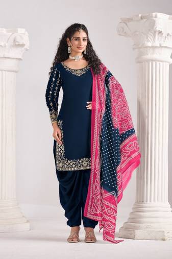Navy blue roman silk semi stitched suit with embroidery & real mirror work