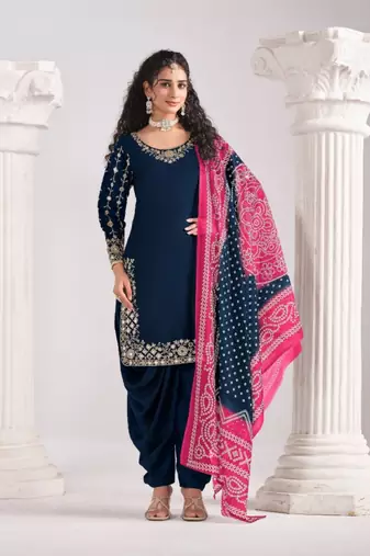Navy blue roman silk semi stitched suit with embroidery & real mirror work