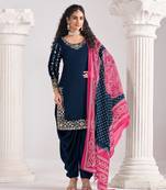 Navy blue roman silk semi stitched suit with embroidery & real mirror work