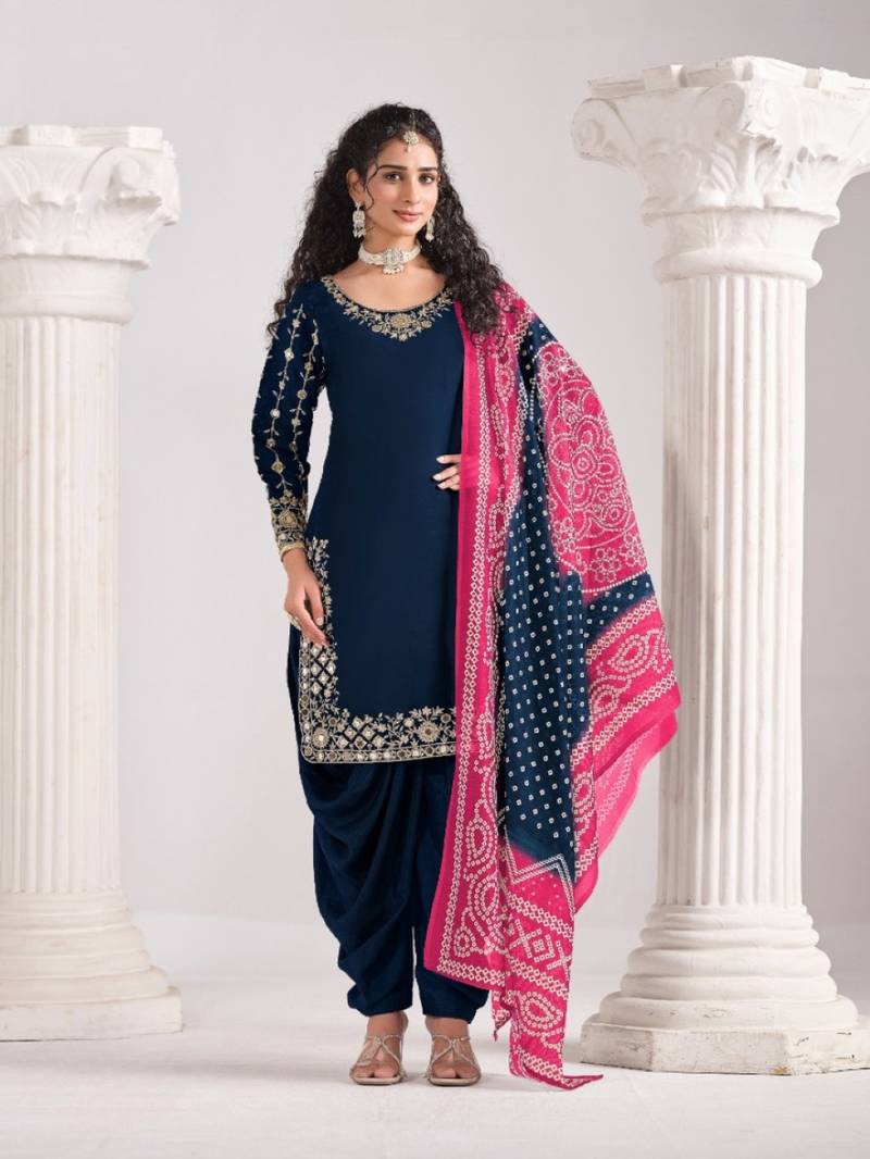 Navy blue roman silk semi stitched suit with embroidery & real mirror work
