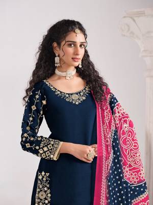 Navy blue roman silk semi stitched suit with embroidery & real mirror work 2