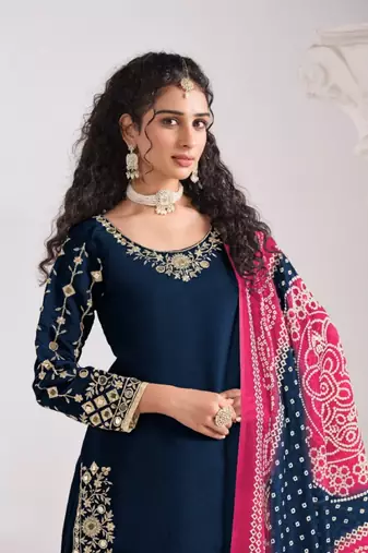 Navy blue roman silk semi stitched suit with embroidery & real mirror work