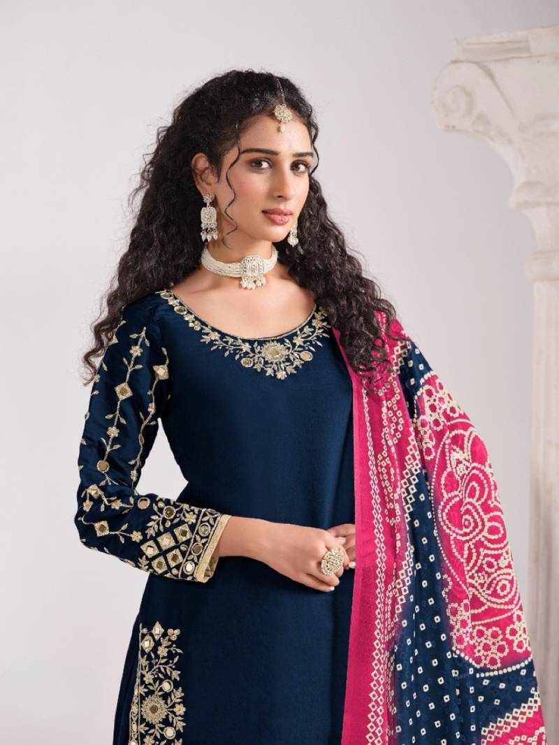 Navy blue roman silk semi stitched suit with embroidery & real mirror work