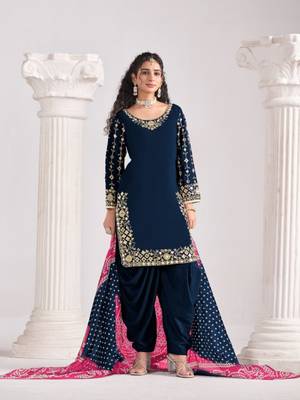 Navy blue roman silk semi stitched suit with embroidery & real mirror work 3