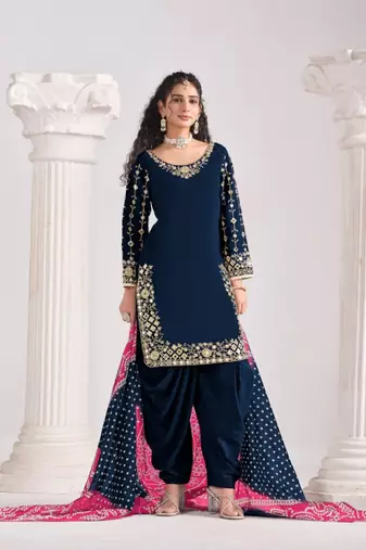 Navy blue roman silk semi stitched suit with embroidery & real mirror work