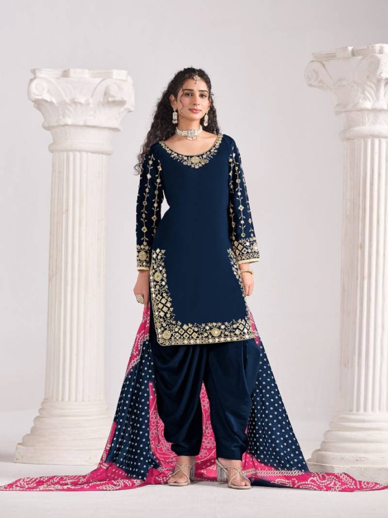 Navy blue roman silk semi stitched suit with embroidery & real mirror work