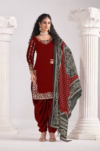 Red roman silk semi stitched suit with embroidery & real mirror work