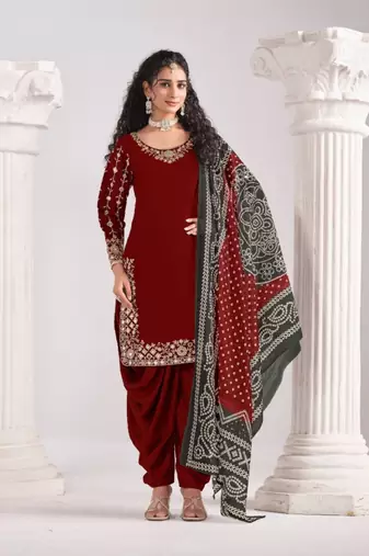 Red roman silk semi stitched suit with embroidery & real mirror work