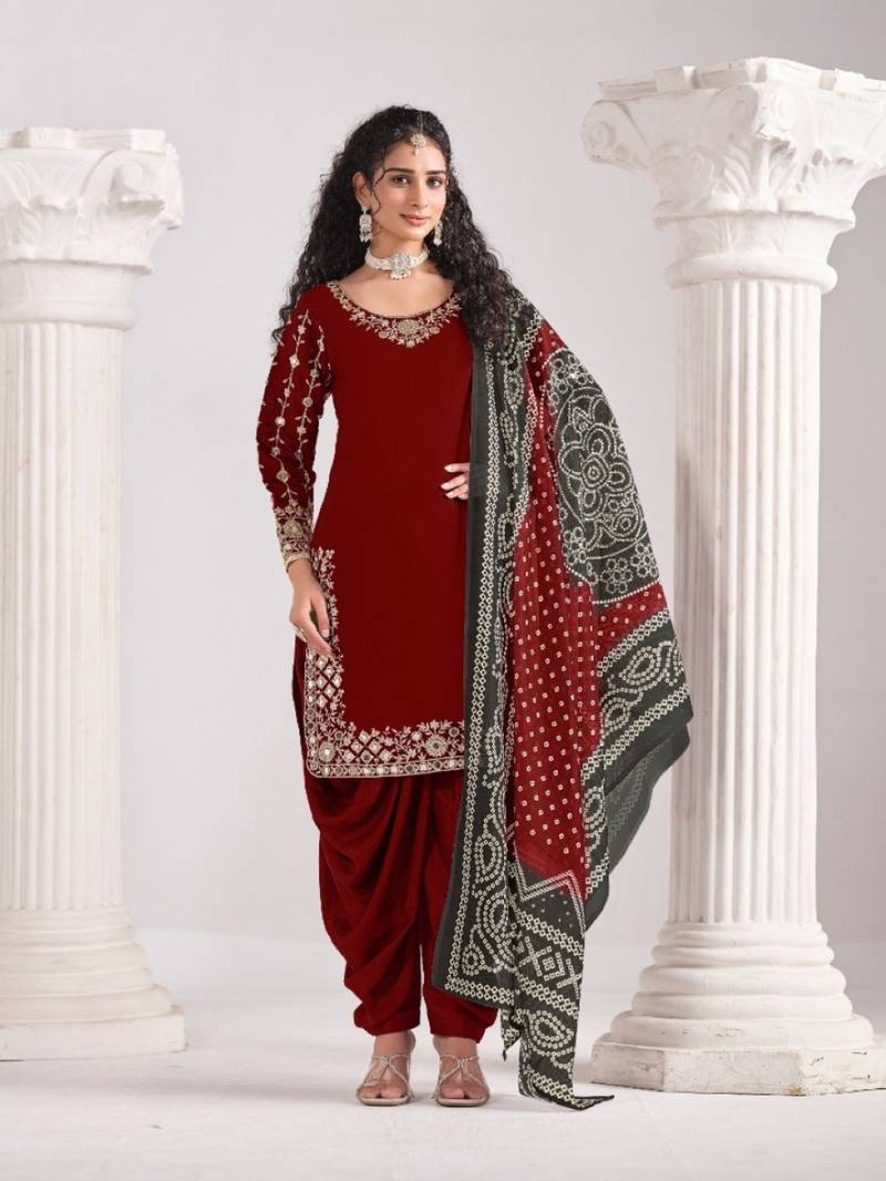 Red roman silk semi stitched suit with embroidery & real mirror work