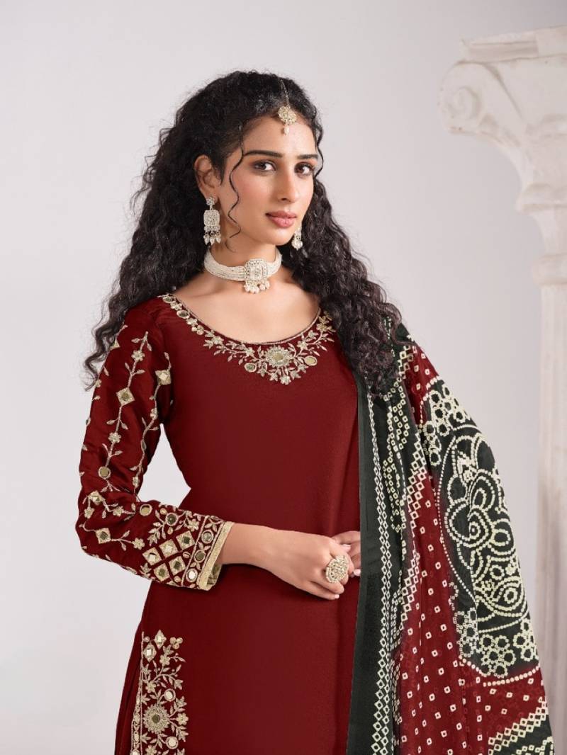Red roman silk semi stitched suit with embroidery & real mirror work
