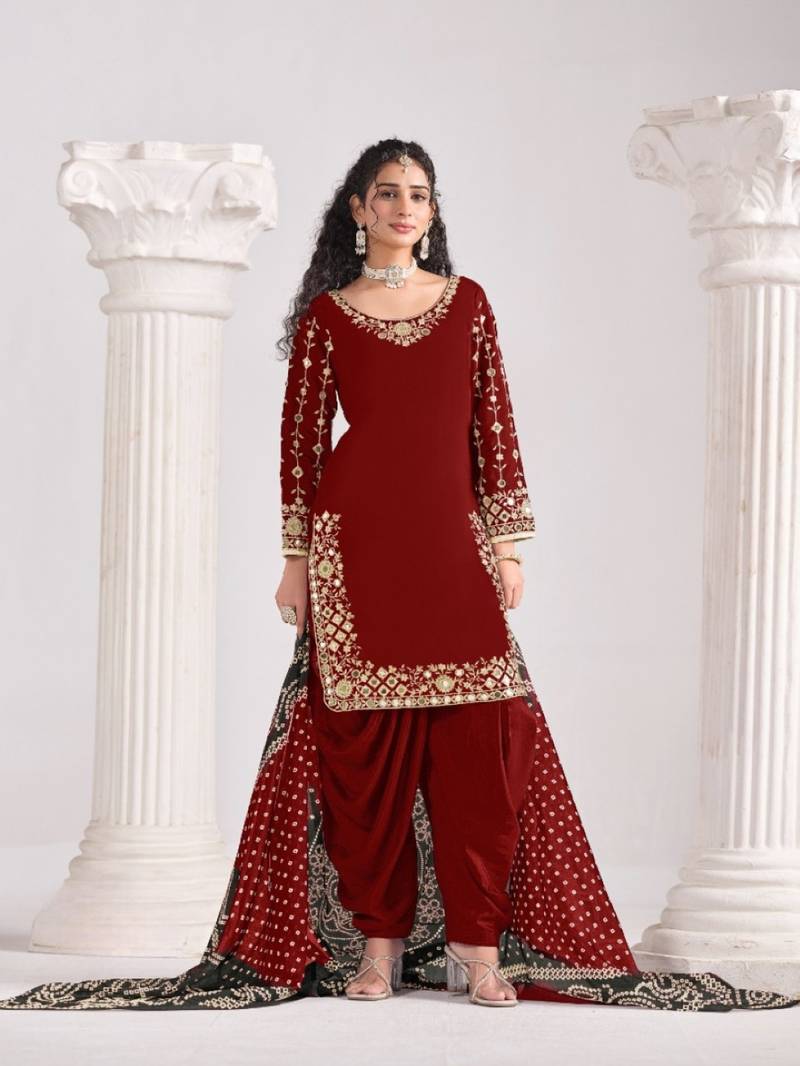 Red roman silk semi stitched suit with embroidery & real mirror work
