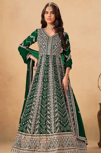 Green faux georgette semi stitched anarkali suit with heavy embroidery work