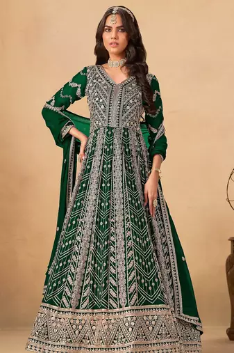 Green faux georgette semi stitched anarkali suit with heavy embroidery work