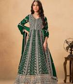 Green faux georgette semi stitched anarkali suit with heavy embroidery work