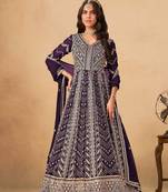 Wine faux georgette semi stitched anarkali suit with heavy embroidery work